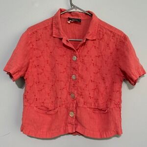 Carol Anderson Collection Small Coral Pink 100% Linen Embroidered Button Up 1434